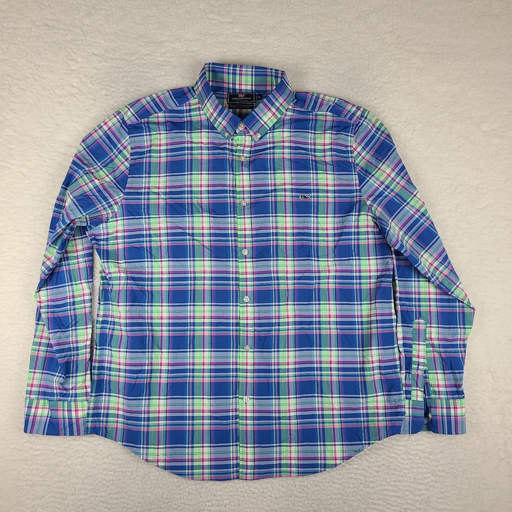 Vineyard Vines Tucker Shirt Mens XL Blue Green Plaid Performance Slim‎ Button Up